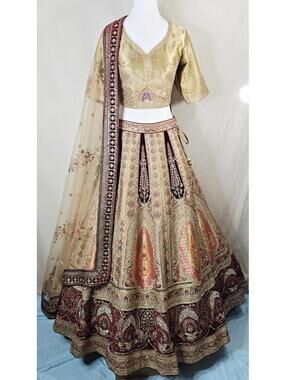 Heavy Embroidered Lehenga Choli Set 3pc Gold Maroon Bridal M/L